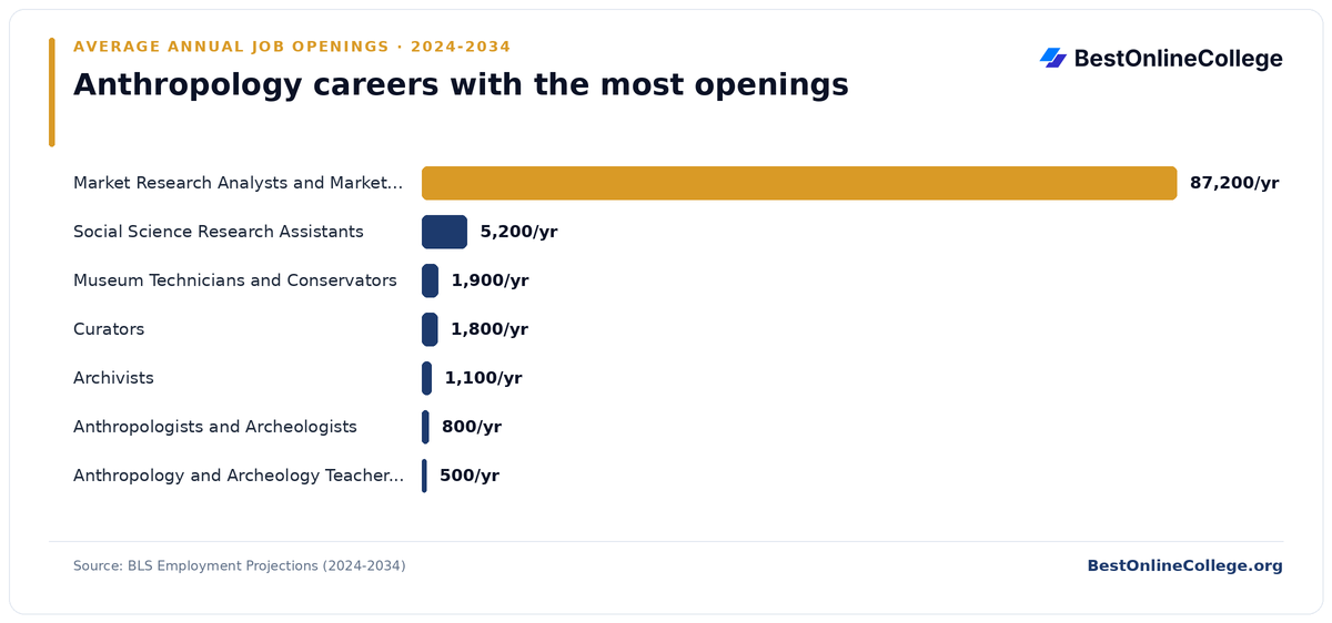 Bar chart of anthropology careers with the most average annual job openings 2024 to 2034 (BLS Employment Projections): Market Research Analysts and Marketing Specialists 87,200 per year; Social Science Research Assistants 5,200 per year; Museum Technicians and Conservators 1,900 per year; Curators 1,800 per year; Archivists 1,100 per year; Anthropologists and Archeologists 800 per year; Anthropology and Archeology Teachers, Postsecondary 500 per year