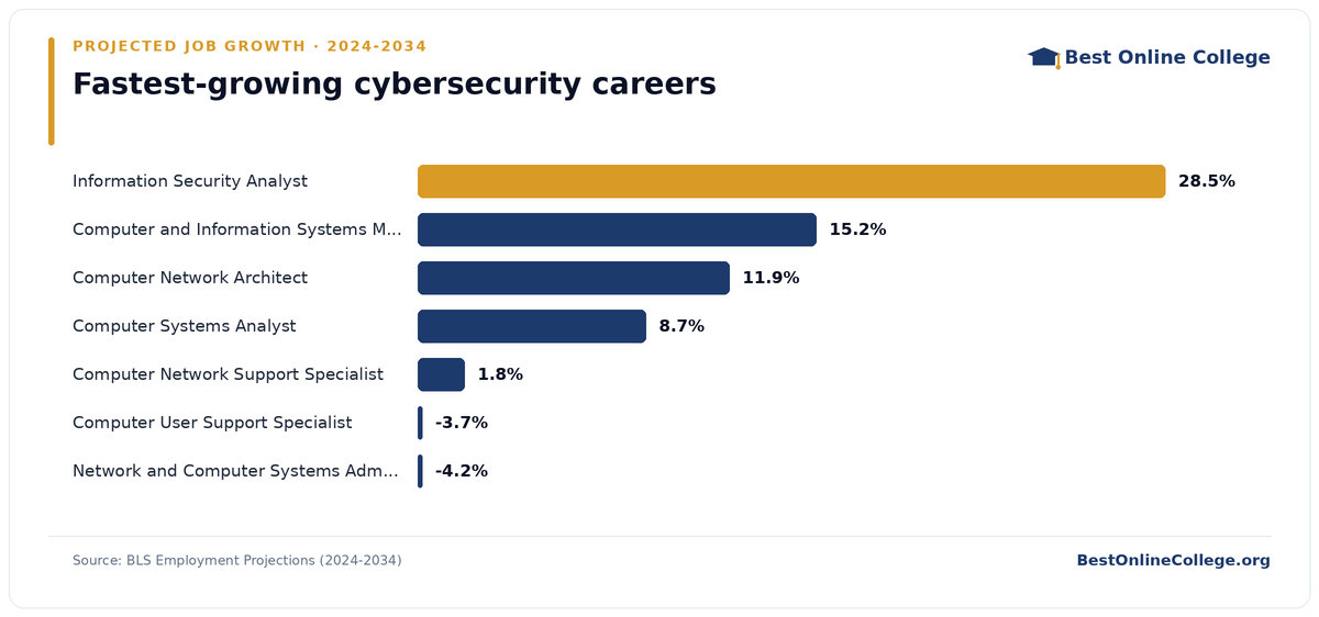 Bar chart of the fastest-growing cybersecurity careers by projected job growth 2024 to 2034 (BLS Employment Projections): Information Security Analyst 28.5%; Computer and Information Systems Manager 15.2%; Computer Network Architect 11.9%; Computer Systems Analyst 8.7%; Computer Network Support Specialist 1.8%; Computer User Support Specialist -3.7%; Network and Computer Systems Administrator -4.2%