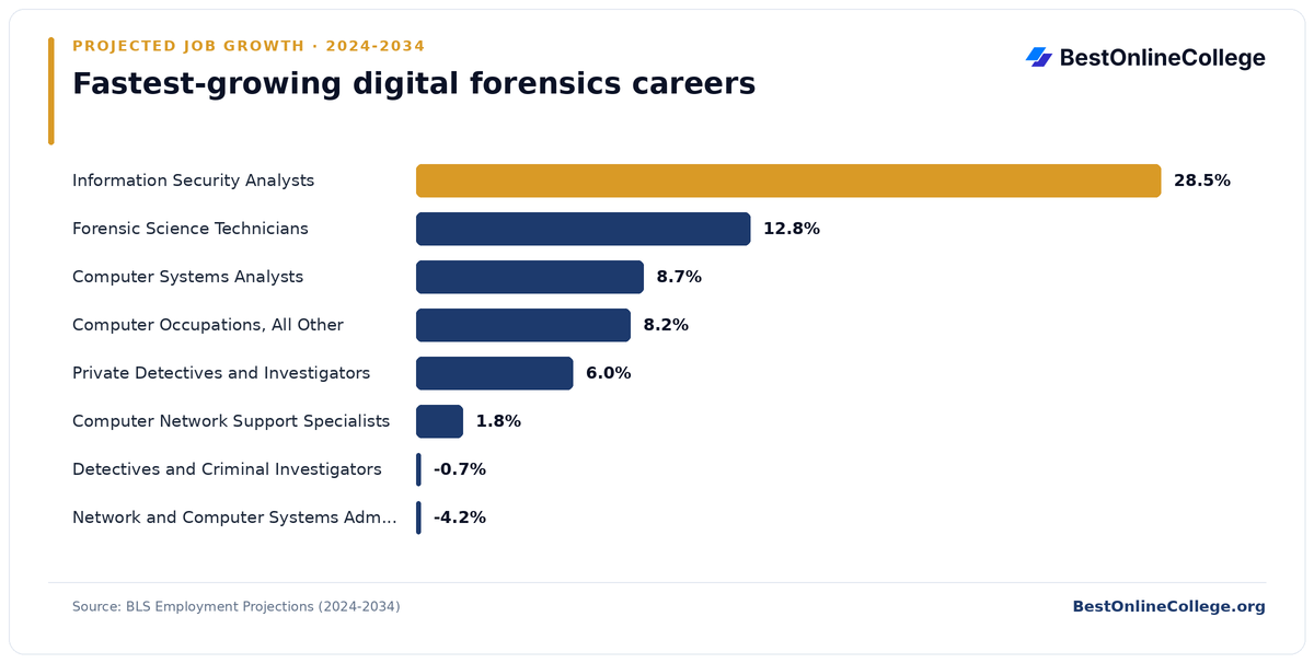 Bar chart of the fastest-growing digital forensics careers by projected job growth 2024 to 2034 (BLS Employment Projections): Information Security Analysts 28.5%; Forensic Science Technicians 12.8%; Computer Systems Analysts 8.7%; Computer Occupations, All Other 8.2%; Private Detectives and Investigators 6.0%; Computer Network Support Specialists 1.8%; Detectives and Criminal Investigators -0.7%; Network and Computer Systems Administrators -4.2%