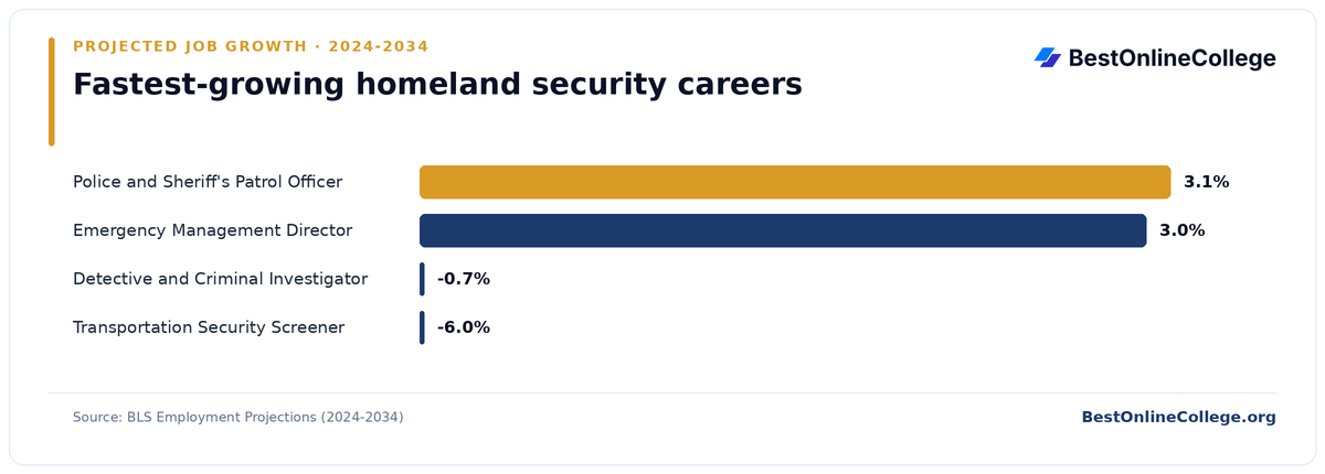 Bar chart of the fastest-growing homeland security careers by projected job growth 2024 to 2034 (BLS Employment Projections): Police and Sheriff's Patrol Officer 3.1%; Emergency Management Director 3.0%; Detective and Criminal Investigator -0.7%; Transportation Security Screener -6.0%