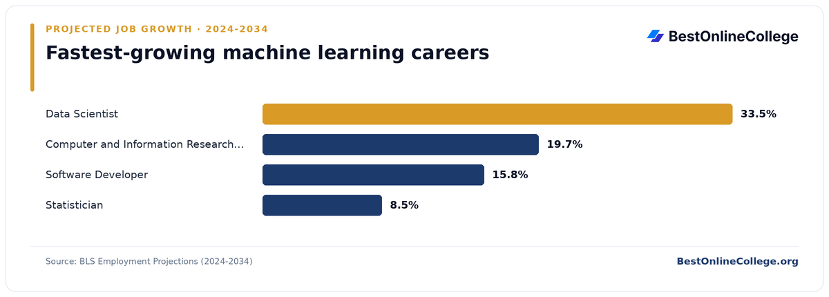 Bar chart of the fastest-growing machine learning careers by projected job growth 2024 to 2034 (BLS Employment Projections): Data Scientist 33.5%; Computer and Information Research Scientist 19.7%; Software Developer 15.8%; Statistician 8.5%