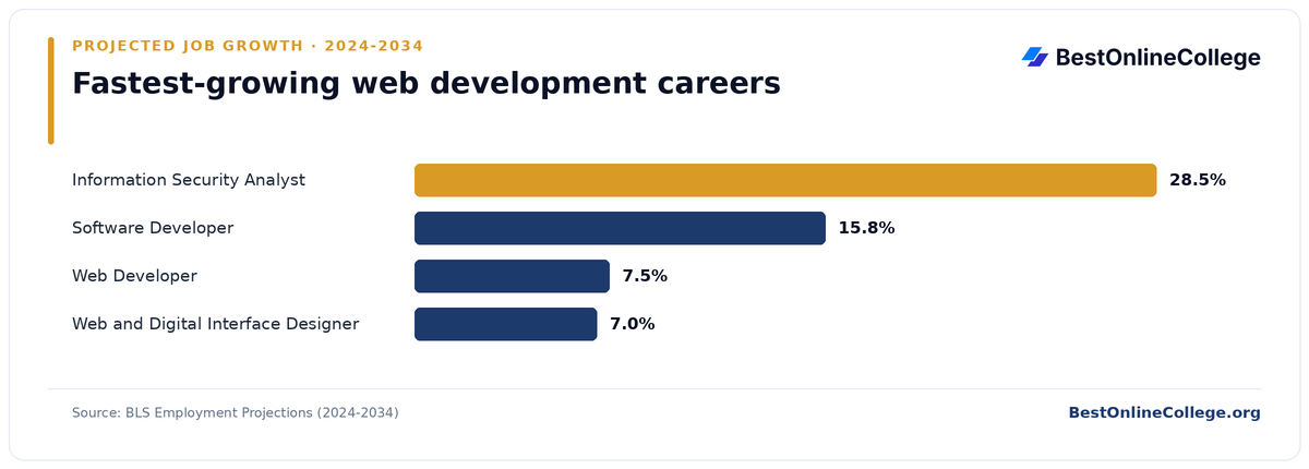Bar chart of the fastest-growing web development careers by projected job growth 2024 to 2034 (BLS Employment Projections): Information Security Analyst 28.5%; Software Developer 15.8%; Web Developer 7.5%; Web and Digital Interface Designer 7.0%