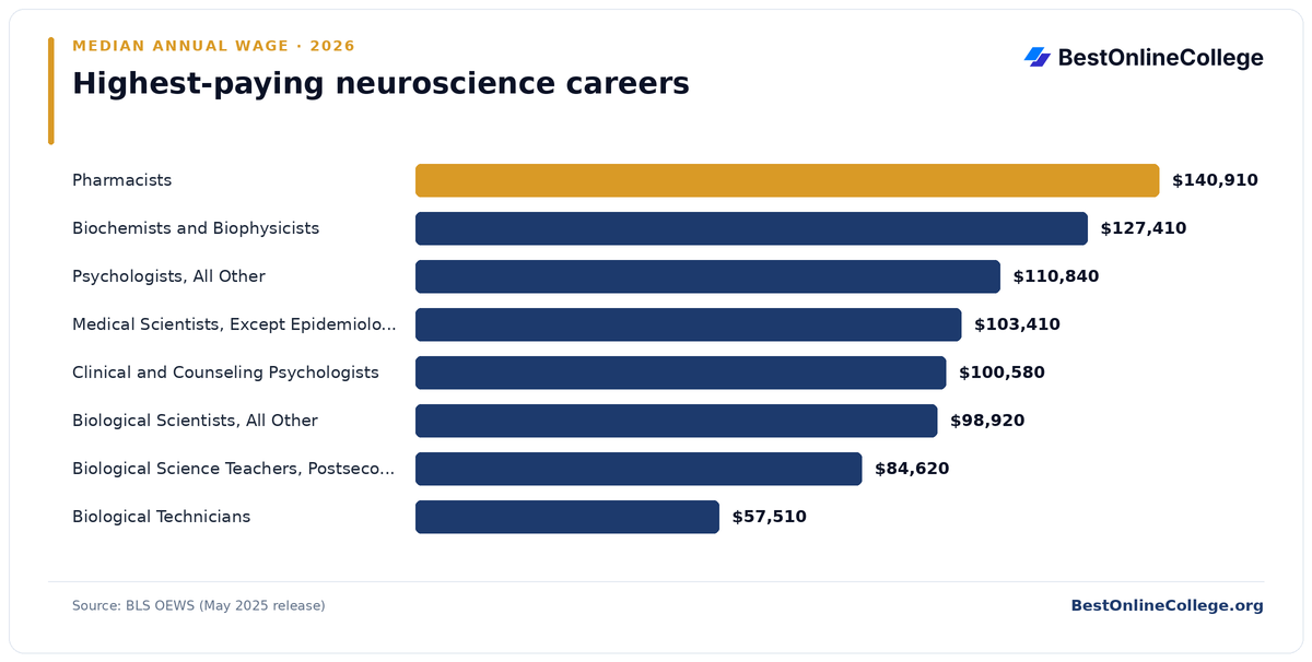 Bar chart of the highest-paying neuroscience careers by median annual wage (BLS OEWS, May 2025): Pharmacists $140,910; Biochemists and Biophysicists $127,410; Psychologists, All Other $110,840; Medical Scientists, Except Epidemiologists $103,410; Clinical and Counseling Psychologists $100,580; Biological Scientists, All Other $98,920; Biological Science Teachers, Postsecondary $84,620; Biological Technicians $57,510