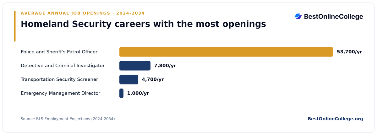 Bar chart of homeland security careers with the most average annual job openings 2024 to 2034 (BLS Employment Projections): Police and Sheriff's Patrol Officer 53,700 per year; Detective and Criminal Investigator 7,800 per year; Transportation Security Screener 4,700 per year; Emergency Management Director 1,000 per year